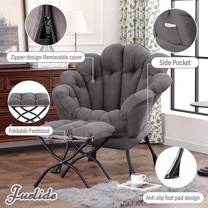 Lazy Chair with Ottoman Modern Floral Reading Chair with Folding Footrest Dark Grey Accent Chairs Comfortable Oversized Armchairs for Bedroom Living Room Courtyard