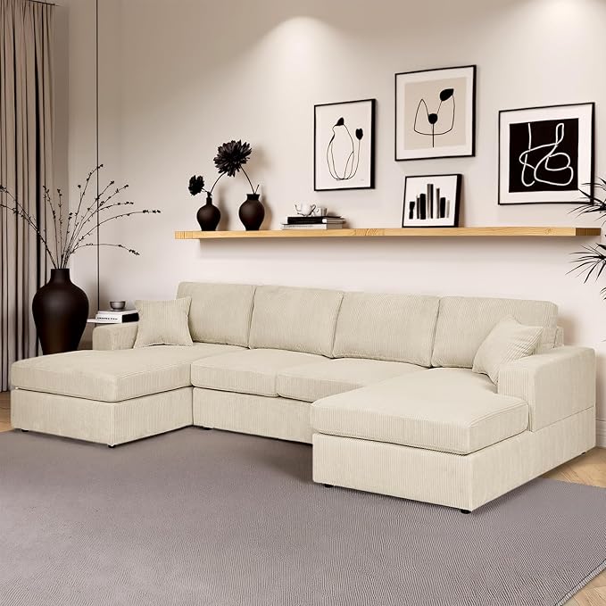 Dreamzie 120” Sectional Couches for Living RoomU Shaped Modular Sofa Couch with Double Oversized Chaise 4 Seat Corduroy Beige