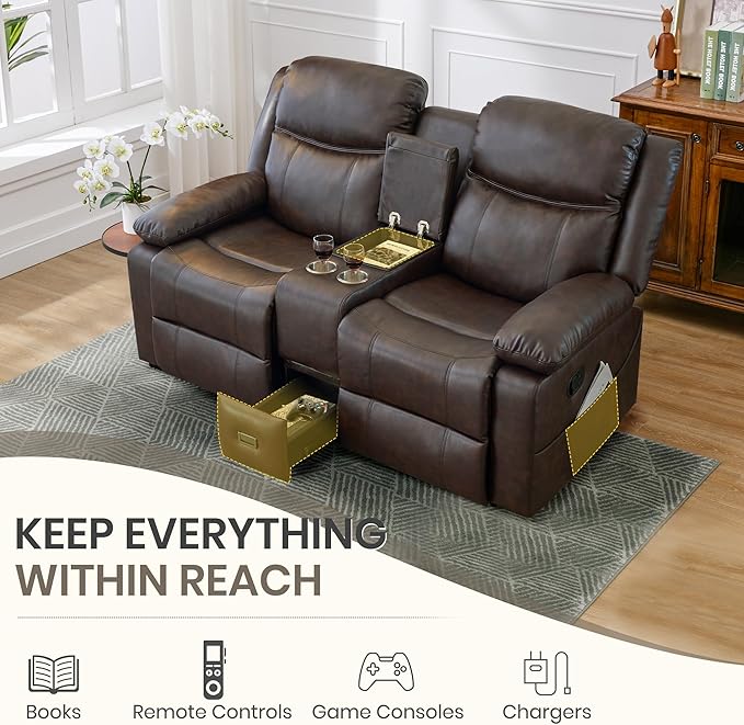 Manual Reclining Loveseat with Massage and Heat Double Recliner Sofa with Center Console Cup Holders &amp Storage for Living Room RV (Brown)
