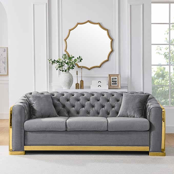 81.1 Velvet Sofa Couch for Living Room Chesterfield Sofa Couch 3 Seater Button Sofa with Stainless Steel Gold Plating Decoration with 2 Pillows Grey &amp Gold