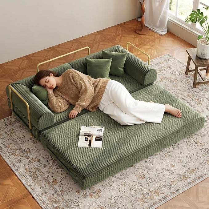 Compression Sofa 75 inch Convertible Floor Sofa Bed 2-in-1 Foldable Frameless Sofa Memory Foam Mattress Corduroy Fabric Pulls Out Couch Suitable for Living Rooms 、Apartments Green (2 Pillows)