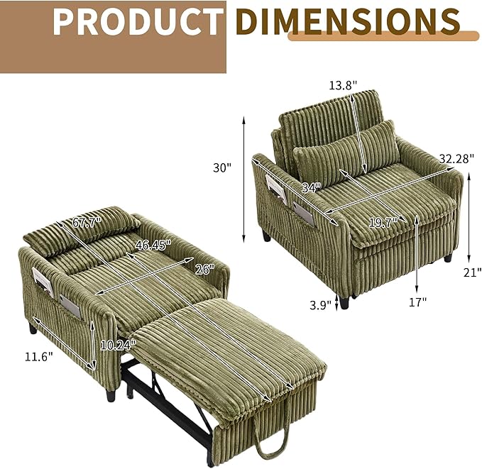 Modern Corduroy Fabric Sofa Bed Futon3 in 1 Convertible Pullout Bed Sleeper Couches with 3 Reclining BackrestsSmall Sofa Chair Bed for Living Room Bedroom (Green)