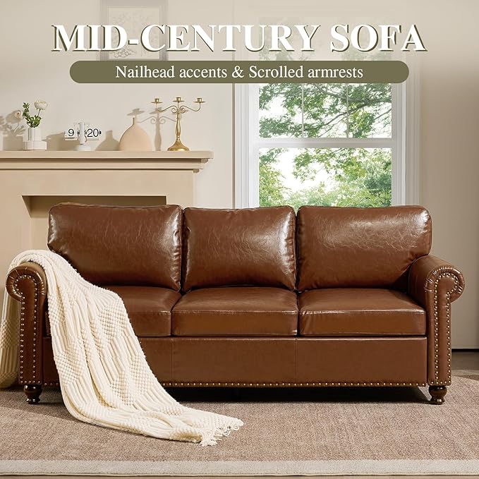 79” Leather Sofa Couch with Storage Mid Century Modern Rolled Arm Couches for Living Room Furniture Nailhead Trim Brown