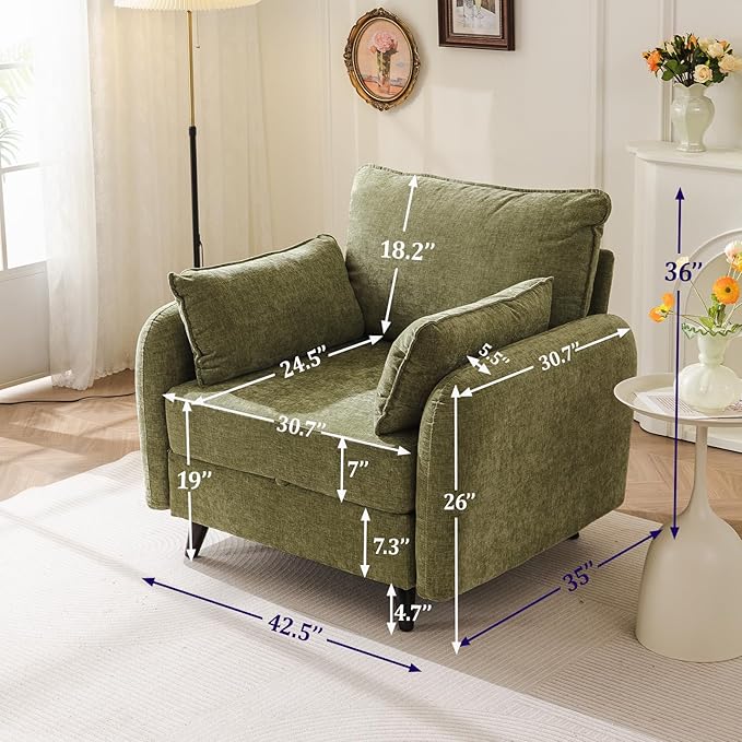 Oversized Accent Chair with All Seats StorageComfy Living Room Chairs with 2 Throw PillowUpholstered Mid-Century Armchair24.5'' Deep SeatReading Chair for BedroomOfficeChenilleGreen