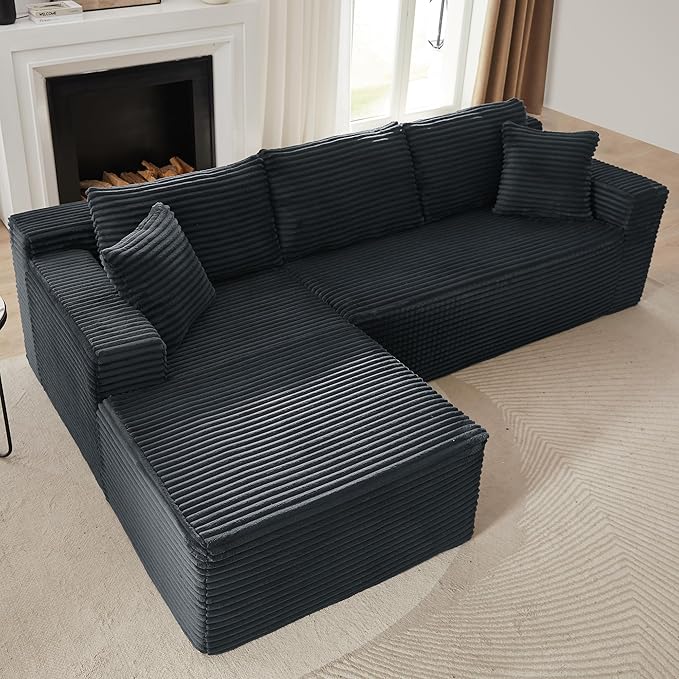 Aoowow 103.2 L-Shaped Cloud Sectional Sofa with Deep Seat Corduroy Modular 4 Seat Couches Sleeper Sofa for Living Room Bedroom Apartment No Assembly Required Dark Grey