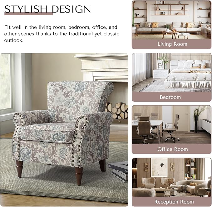 HULALA HOME Modern Wingback Accent Chair with Wood Legs &amp Removable Cushion Comfy Upholstered Armchair with Nailhead Trim Floral Pattern Single Sofa Chair for Living Room Bedroom Grey