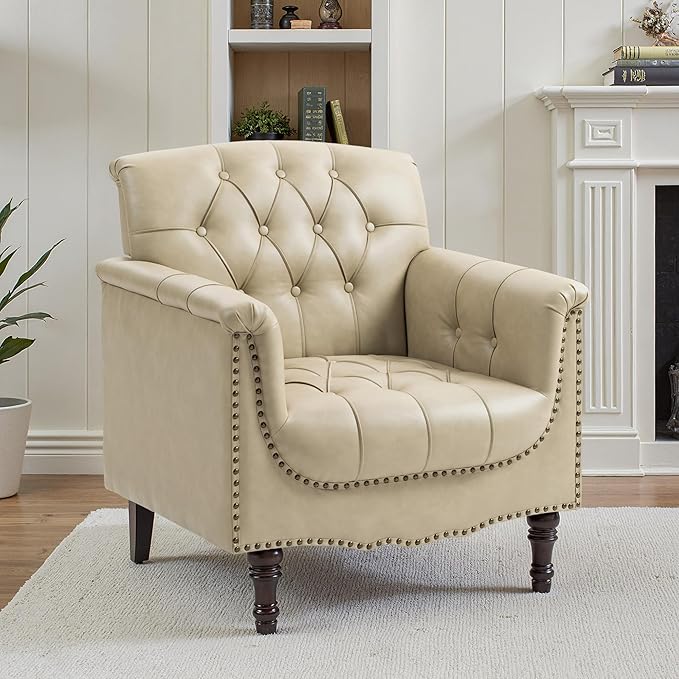 Faux Leather Accent Chair PU Leather Modern Comfy Upholstered Armchair with Wood Legs &amp Nailhead Trim for Living Room Bedroom (BeigeSet of 1)