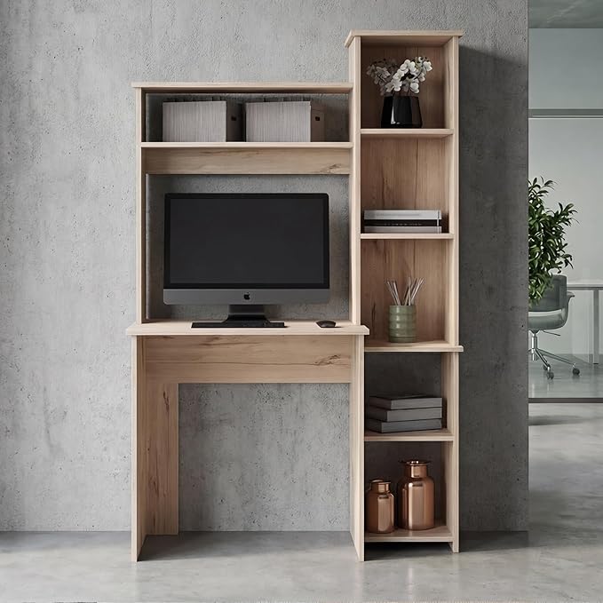 Tuhome Versalles Writing Desk with Two Superior Shelves Five Side Open Storage Compartments Space-Saving Modern Workstation Design for Studios and Offices Ideal for Organization Books