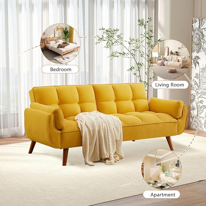 75 Convertible Futon Sofa Bed Sleeper Couch Bed with Adjustable Backrest Small Couches for Small Spaces Living Room Bedroom and Office (Yello)