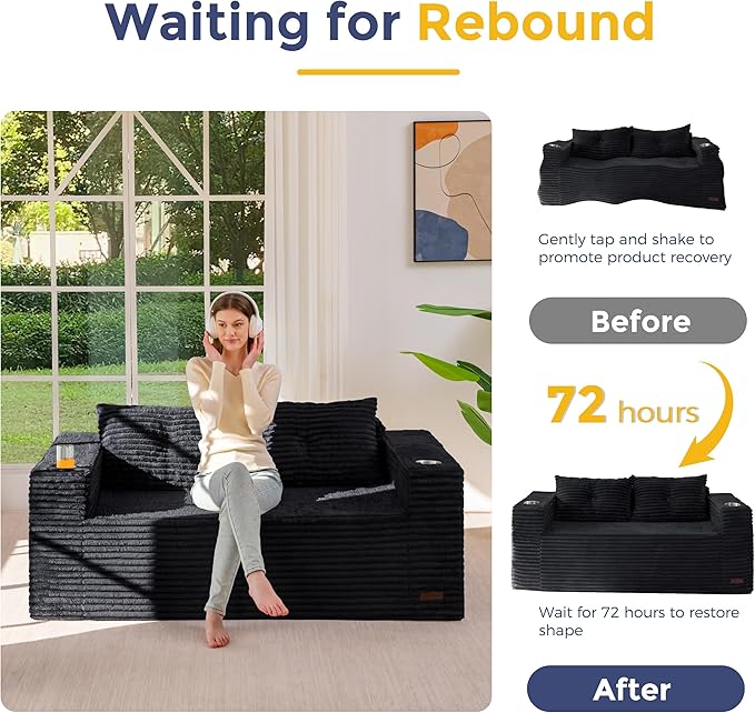 MAXYOYO 63 Boneless Loveseat Sofa Couch 2-Seater Floor Loveseat for Small Space with Cup Holders Corded Couch with Pillows Floor Sofa for Apartment &amp Lounge No Assembly Required Black