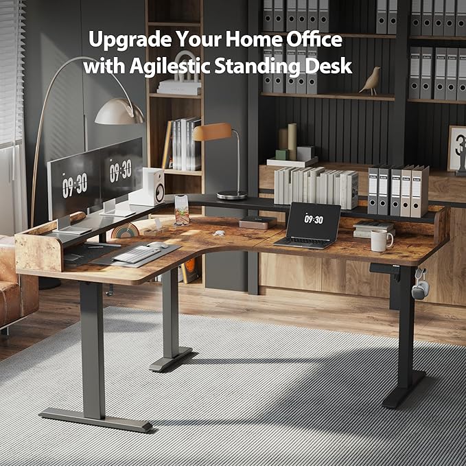 Agilestic L Shaped Standing Desk Corner Desk with Monitor Shelf Adjustable Height Gaming Table Sit Stand Up Table 63 x 55 Inch Home Office Computer Workstation Splice Board Rustic Brown