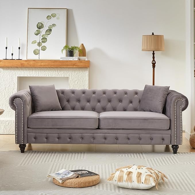 2 Piece Living Room Sofa Set Velvet Button Tufted Couch and Loveseat Set with Nailhead Trim&ampRoll Armrests Mid Century Modern Chesterfield Sofa for Living Room Office(Loveseat+3 Seater Light Gr