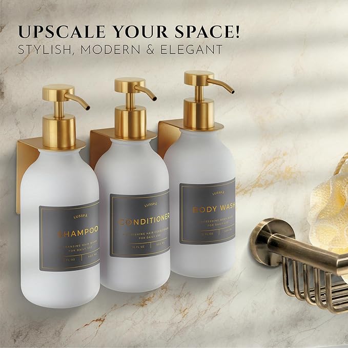 Shower Shampoo Dispenser Wall Mounted – 3 Refillable 16.9 oz White Bottles with Stainless Steel Pumps &amp No-Drill Adhesive Holders – Soap Dispenser Set for Bathroom (3 X White/Gold)