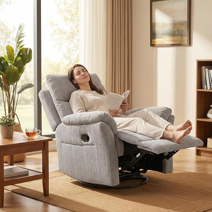 Oversized Rocker Recliner Chair Manual Swivel Rocking Recliners with Adjustable Backrest Footrest for Adults 360° Swivel Lazy Boy Recliner Chairs for Living Room Reading Bedroom Beige