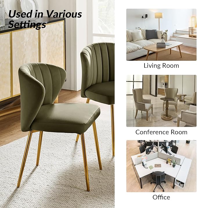 HULALA HOME Velvet Dining Chairs Modern Small Armless Accent Chair with Gold Metal Legs Living Room Upholstered Cute Side Chair Elegant Tufted Back Vanity Chair for Bedroom Moss