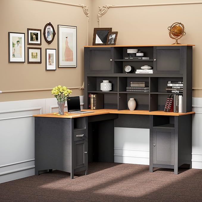 HOMCOM L Shaped Computer Desk with Hutch 59 Corner Desk Space Saving Home Office Desk with Storage Shelves Drawer and Cabinet Black