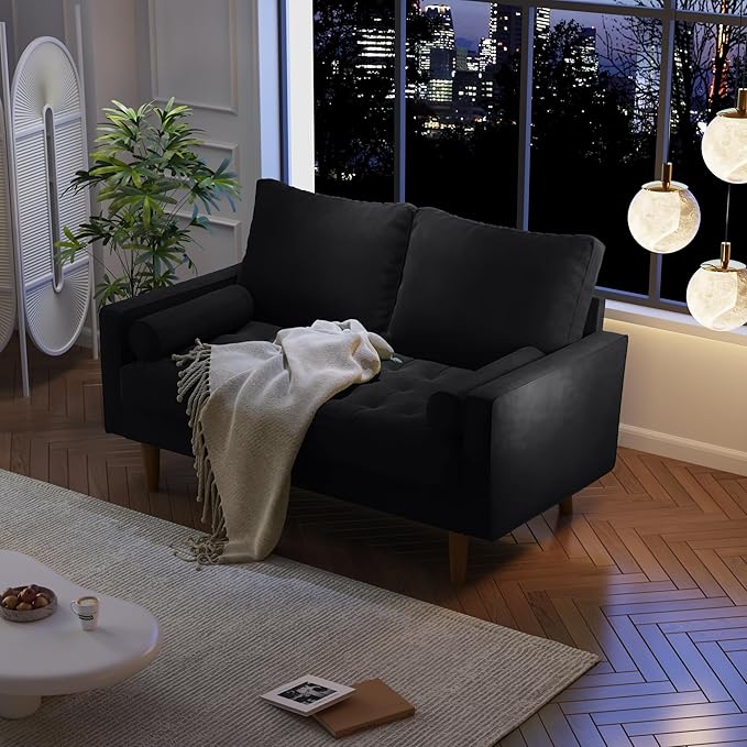 SILKIR Velvet Loveseat Sofa Love Seats Furniture for Small Spaces Mid-Century Modern Loveseats for Living Room Love Seat Couch 58 Inches Black