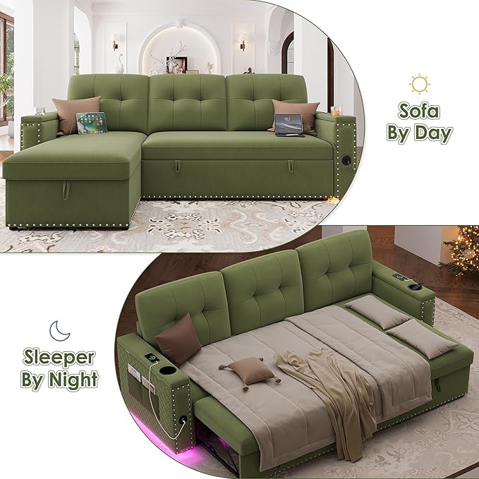HIFIT Sleeper Sofa Bed- 81 L Shaped Pull Out Couches for Living Room with Storage Chaise Storage Armrest LED Light&ampUSB Port&ampCupholder Modern Velvet Sectional Home Sofa Living Room Furnitur