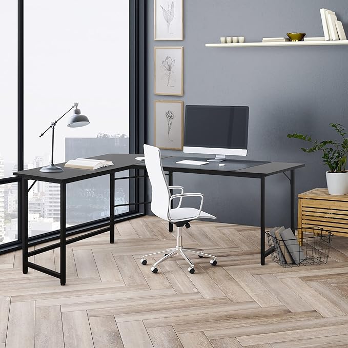 LEMY 66 Inch x 47 Inch Large L-Shape Corner Table Computer Workstation Bevel Edge Angle Design PC Laptop Table w/CPU Stand for Home Office - Black