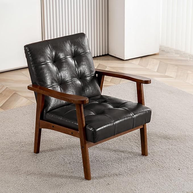 Mid Century Modern Accent Chairs for Living Room Comfy Bedroom Chairs for AdultsSmall Wide Reading Nook Arm Chair 105° Ergonomic Cozy Black Leather Armchair with Rubber Wood