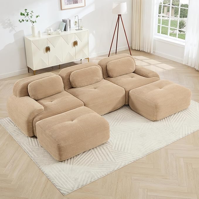 116 Modern Corduroy Cloud Sofa with Ottoman U Shaped Boneless Modular Large Sectional Couches for Living Room Camel 3 Seater Compressed Memory Foam Couch Extra Deep Seat No Assembly