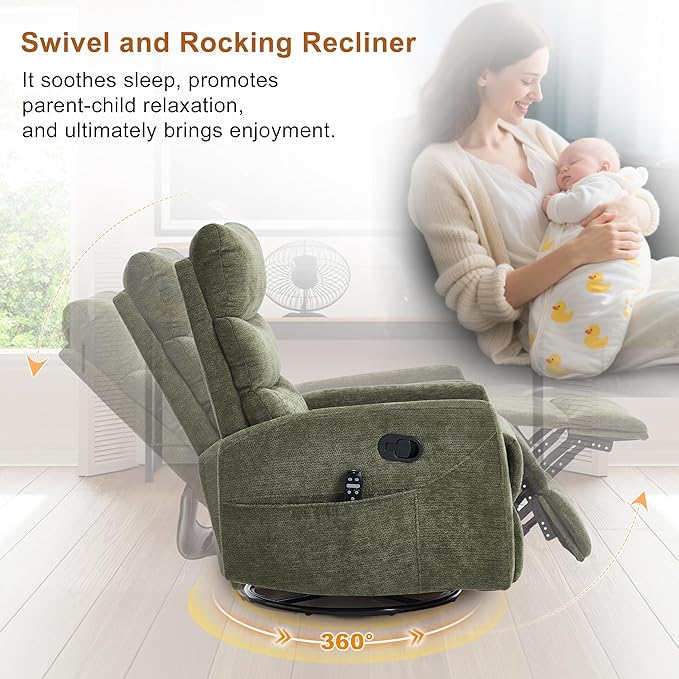 Manual Swivel Rocker Recliner Chair with Vibration Massage Overstuffed Glider Chair with Lumbar Heat for Nursery Living Room Reclining Sofa Chair Chenille Fabric Green