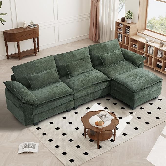 108 Modular Sectional Sofa Comfy Cloud Couch with Ottoman &amp USB Port for Living Room L Shaped Modern Chenille Couches with Throw Pillows for Bedroom Apartment Green