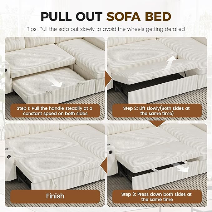 83'' Pull Out Sofa Bed 2 in 1 Convertible Sleeper Sofa Couch with Storage Chaise &amp USB Charging Comfy Corduroy Modular Couches for Living Room ApartmentBeige 1 PCS