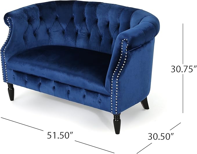 Christopher Knight Home Milani Tufted Scroll Arm Velvet Loveseat Navy Blue / Dark Brown
