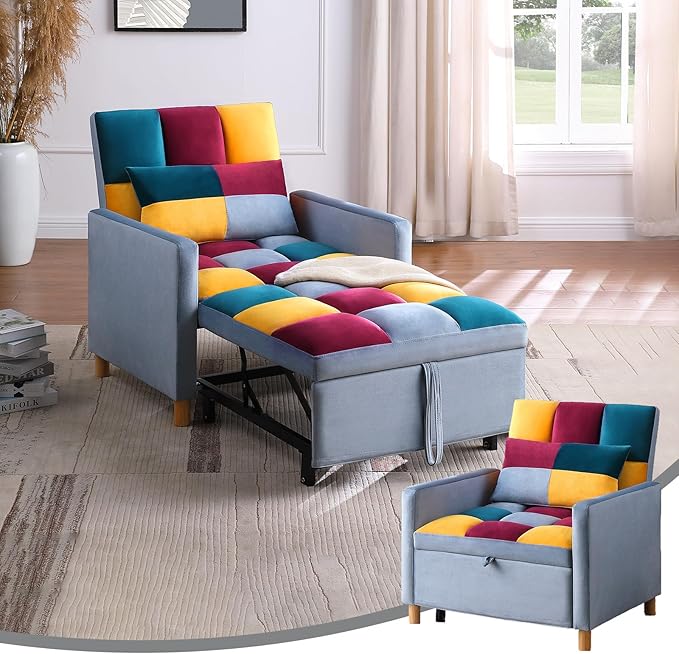 3-in-1 Convertible Chair Bed Single Sofa Bed with Adjustable Backrest Lounger for Living Room (Rainbow)