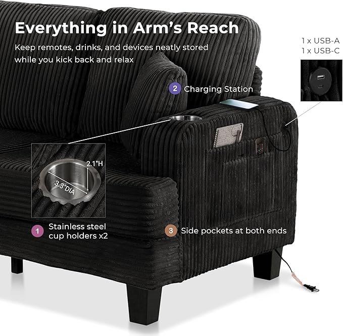 Homes: Inside + Out Reese Modern Plush Chenille Couch with Side Pockets Cup Holders and USB Ports Wooden Comfortable Sofa for Living Room Bedroom and Office Black