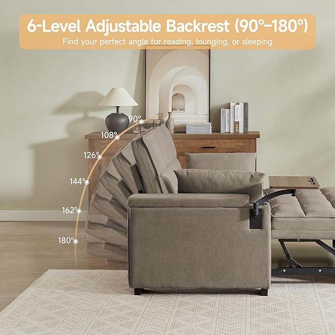 66 Multi-Functional Pull-Out Sofa Bed with Hidden Side Table Storage Armrests Built-in Charging Port Spring Mattress Solid Wood Frame – Ideal for Small Spaces Easy Assembly