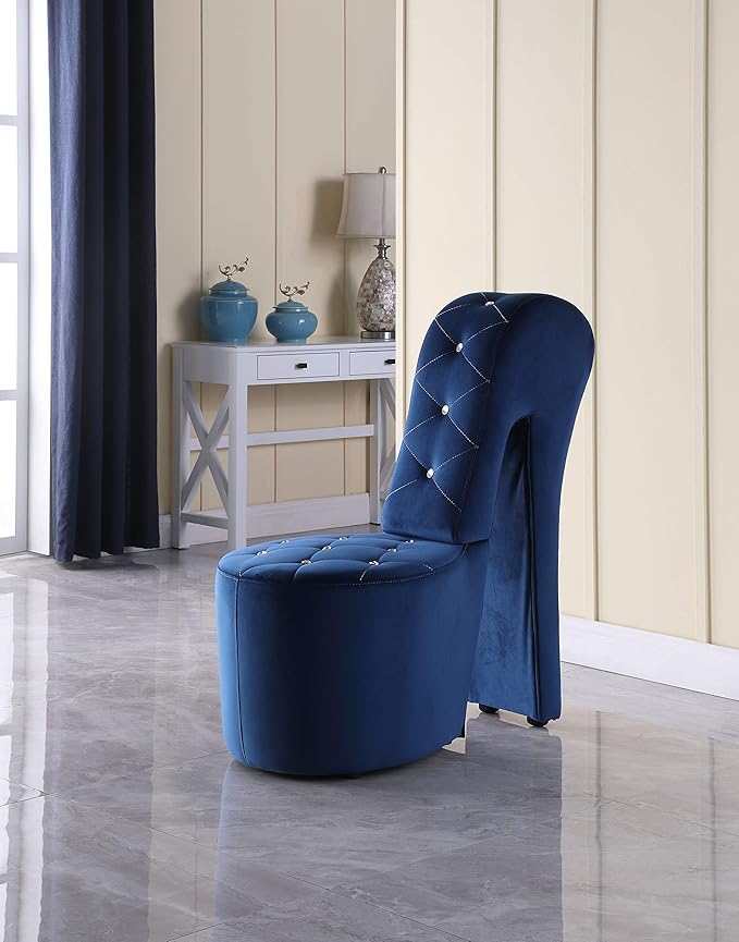 First of a Kind 19 Modern Shoe Chair - Crystal Studded Velvet High Heel Chair with Medium Firm Comfort - Luxurious Decor Addition for Bedroom Living Room &amp Studio (Blue)