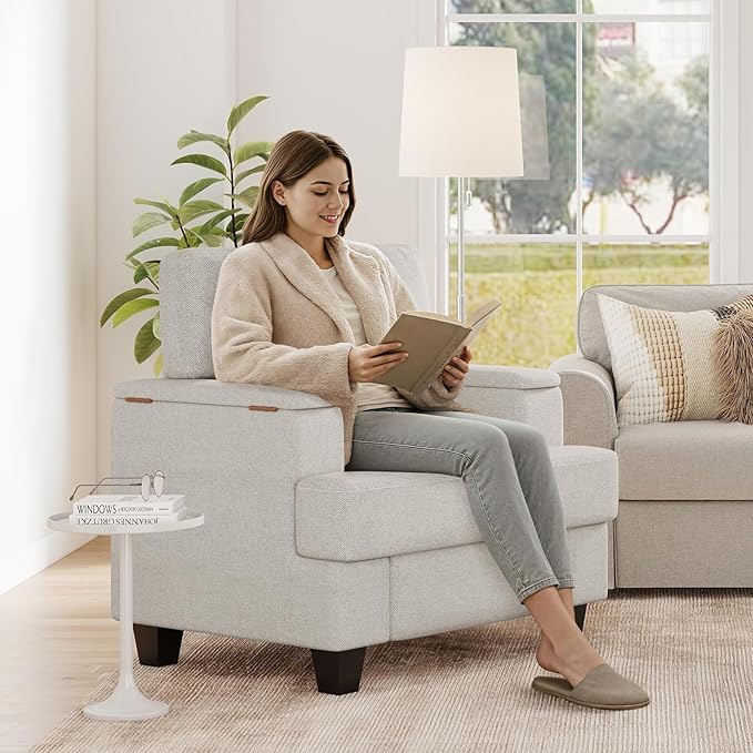 Furniliving Modern Oversized Accent Sofa Chair Set of 2 Comfortable Living Room Lounge Armchair with Storage Armrest Upholstered Reading Gaming Chair for Apartment Living Room Bedroom White