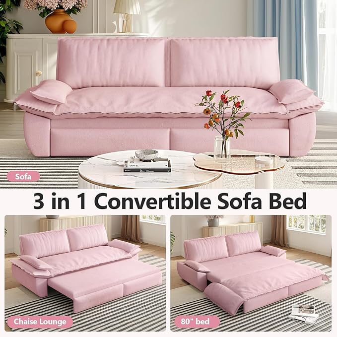 73.2 Queen Size Sofa Bed 3 in 1 Convertible Pull Out Sleeper Sofa with Thicked Cushions and Side Storage Velvet Loveseat Couch for Home Living Room Bedroom Apartment Lounge Small Spaces Pink