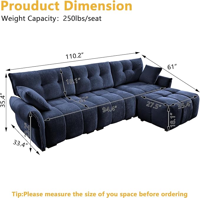 mikibama Oversized Modular Sectional Sofa with Ottoman110 Chenille L-Shaped Couch with FootrestModern 3 Seater Couches for Living RoomLarge Sofas with Deep Seat for Apartment