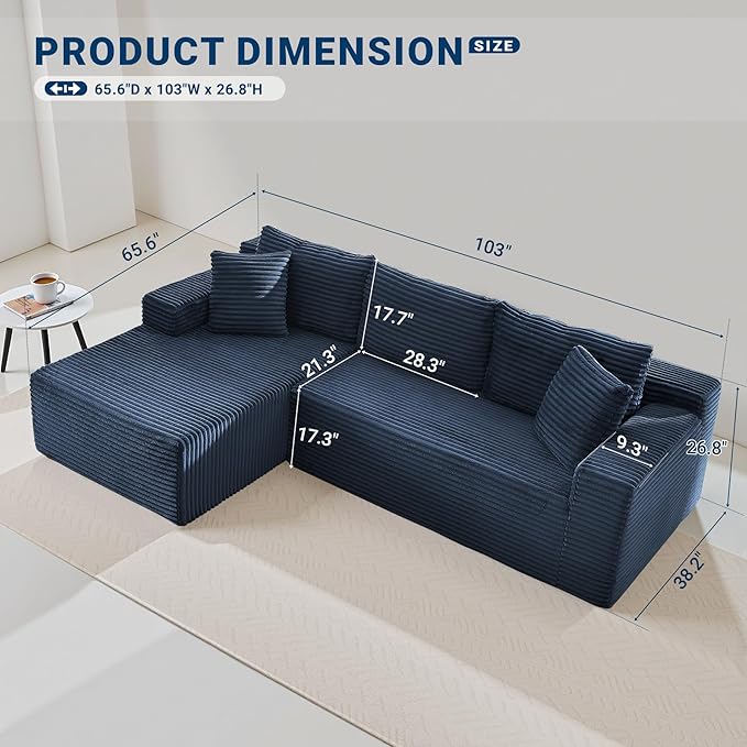 Sectional Couch with L-Shape Chaise 103 Modular Sectional Sofa with Deep Seat Modern Corduroy Couch Lazy Compression Sofa for Living Room No Assembly Required Left Facing Chaise Blue