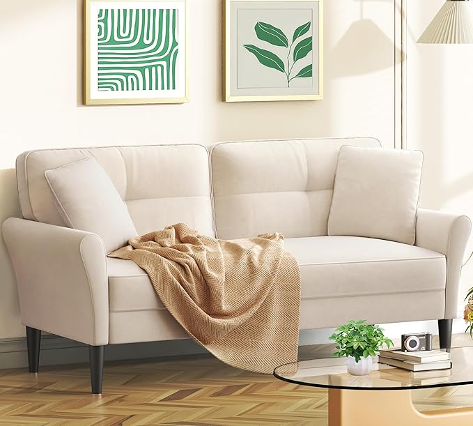 Loveseat Sofa 69 Love Seat Couches Comfy Velvet Small Sofa Couch for Bedroom with 2 Pillows Tool-Free Setup Sofas &amp Couches 700lb Load Sofas for Living Room Mini Couch for Bedroom White Cou