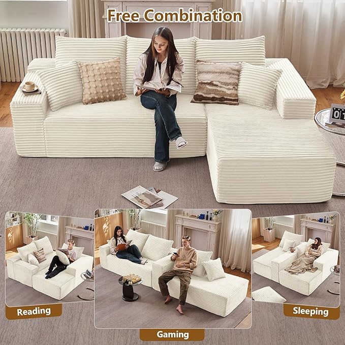 107 Cloud Sectional Couch with L-Shape Chaise Modern Modular Comfy Sofa Chaise Longue Upholstered Corduroy Couches Sleeper with Deep Seat for Living Room Bedroom No Assembly Required White
