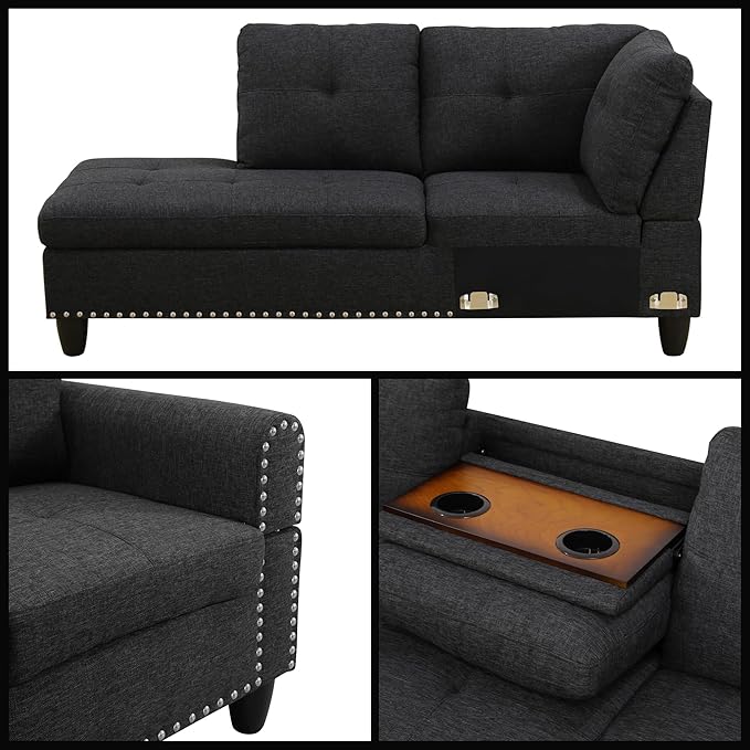 L-Shaped Sectional Sofa with Movable Chaise &amp Storage Ottoman Lounge 3-Piece Modular Convertible Couches for Living Room Apartment &amp Office Black Grey