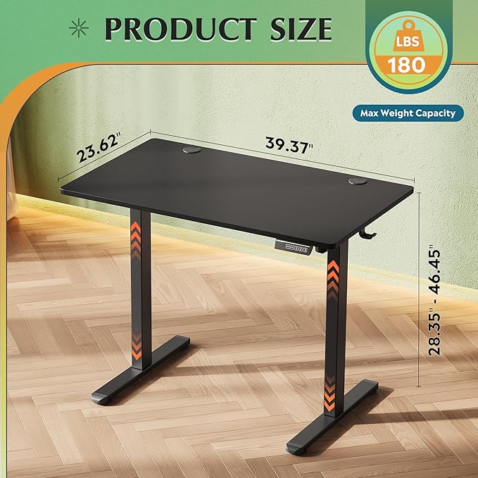 DEVAISE Whole Piece Standing Desk 40 x 24 Inch Electric Standing Desk with Adjustable Height 3-Preset Memory Sit Stand up Desk One Piece Desktop Computer Desk for Home Office (Black)