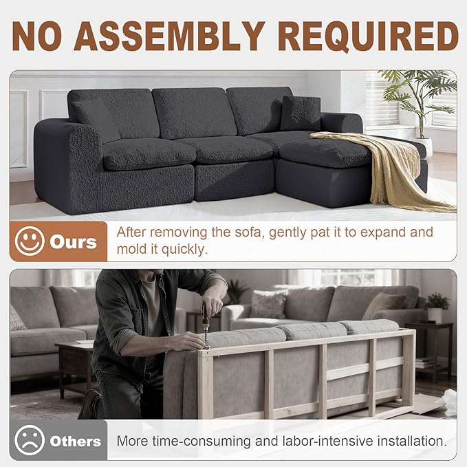 Cloud Couch Sectional 108” Modular Sectional Sofa with Ottoman Modern L-Shaped Couch with Deep Seat Boneless Couches for Living Room No Assembly Required (Snow Grey)