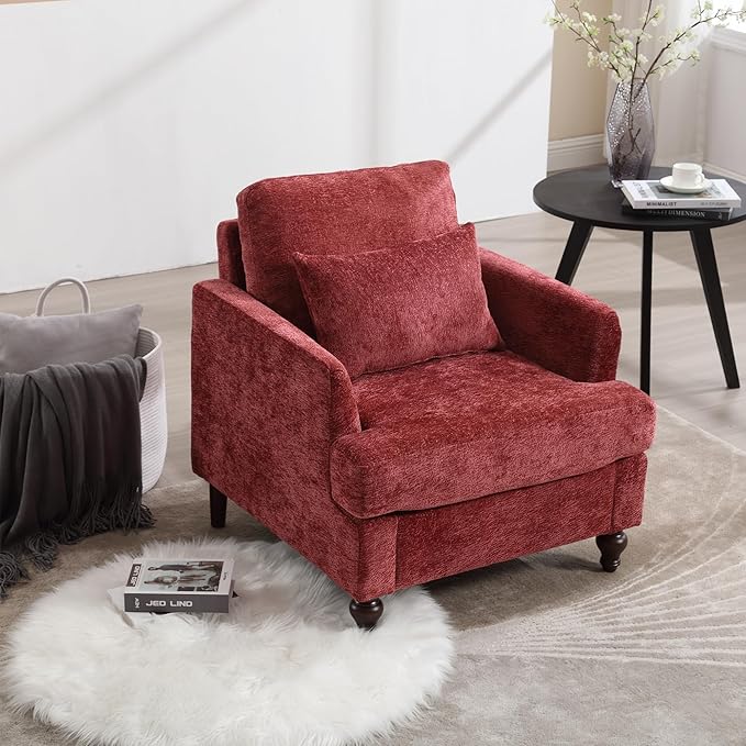 Mid Century Modern Accent ChairsChenille Upholstered Armchair with Rubber Wooden LegsComfy Reading Chairs with Scooped Arms for Living RoomBedroom (Wine Red)