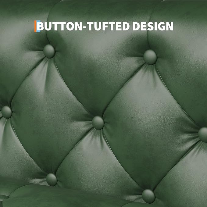 GAOMON Leather Couch Handmade Button Tufted 3 Seater Sofa Chesterfield Sofa with Deep Seat and 2 Pillows Leather Sofa for Living Room Apartment Office Green