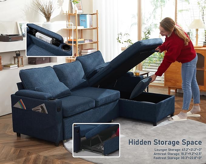 DURASPACE Sofa Bed Sleeper Pull Out 2 in 1 Sectional Sleeper Sofa Couches with StorageUSB Cup HolderPullout Sectional Couches for Apartment Living Room (Blue)