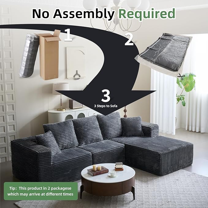 108'' Boneless Couch Sectional Boneless Couches for Living Room w/Deep Seat Cloud Couch w/Stripe Boneless L Shaped Couches w/Flannel Fabrics Right Facing Chaise Dark Gray