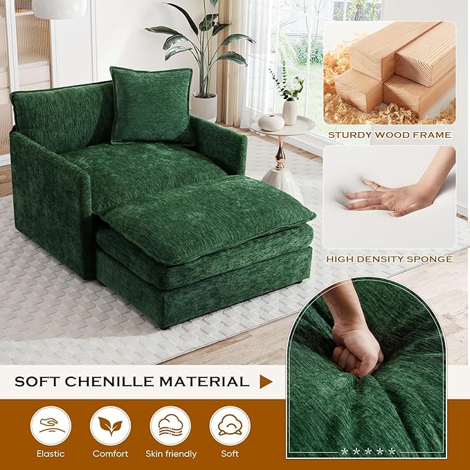 Oversized Chaise Lounge Chair Indoor Modern Comfy Chenille Cloud Accent Chair and A Half with Ottoman Single Deep Seat Sofa Couch Reading Armchair for Living Room Bedroom Apartment Green