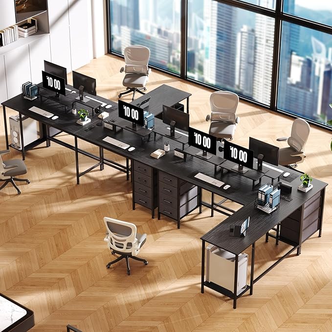 59 inch L Shaped Computer Desk with Power Outlets Home Office Desk with 4 Adjustable Storage Drawers &amp 2 Monitor Stands Two Person Gaming Table for Bedroom Black
