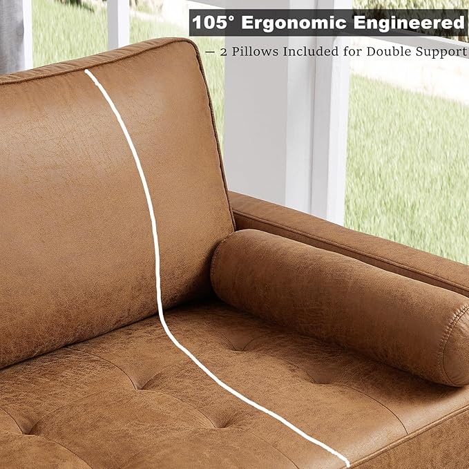 HIFIT 68 Faux Leather Couch Mid Century Modern Sofa Couch w/Tufted Deep Love Seat 2 Pillows &amp Solid Wood Frame Home Sofa Living Room Small Couches for Small Space Bedroom Office Apartment B