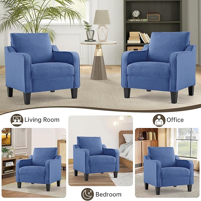 Mid-Century Modern Accent Chair Linen Upholstered Living Room Chair Comfy Reading Armchair Small Single Sofa Chair for Bedroom Office Blue 1PC
